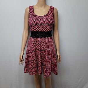 Chevron Pink Sleeveless Midi Dress with Black Lace Waist
